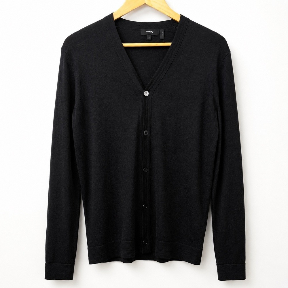 Theory Men's Black Silk Cashmere Blend V-Neck Button Cardigan Sweater Size S